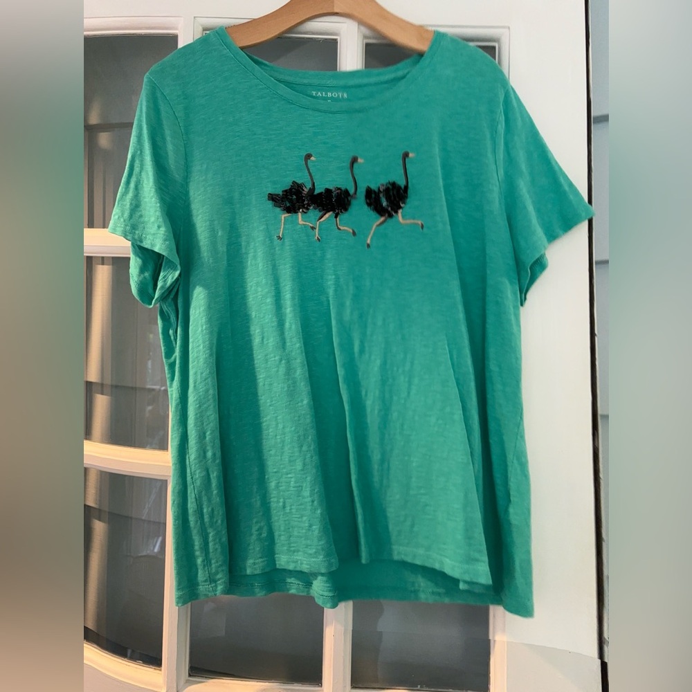 Talbots Glam Slub tee with black sequined ostrich adornment. XL